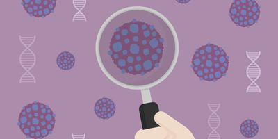 Vector image of person with magnifying glass looking at cancer cells on purple backdrop