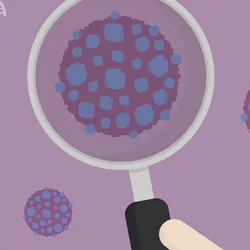 Vector image of person with magnifying glass looking at cancer cells on purple backdrop