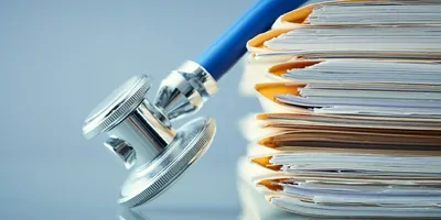 A stethoscope on a pile of paperwork
