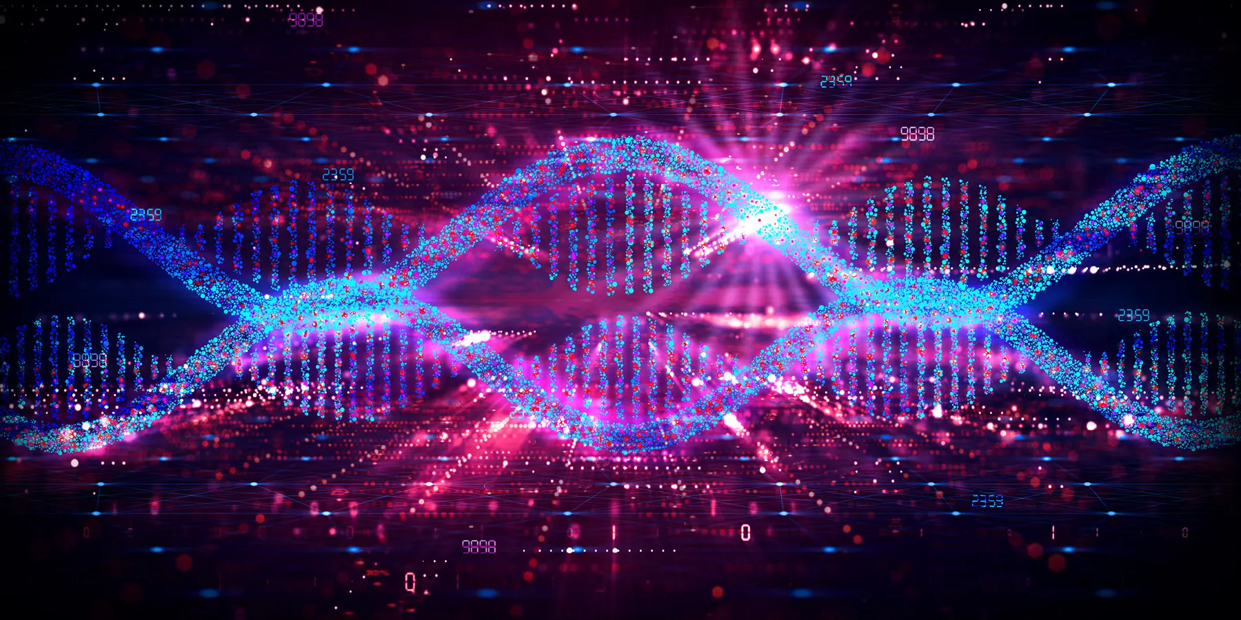 Graphic illustration of a DNA double helix against a high-contrast pink background 