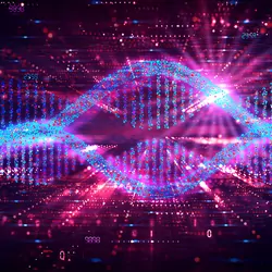 Graphic illustration of a DNA double helix against a high-contrast pink background 