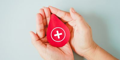 Person's hands holding a red foam stress ball that is in the shape of a blood droplet