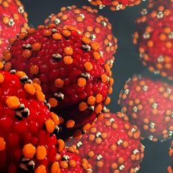 Computer images of measles viruse on a dark background