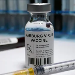 A bottle of Marburg virus vaccine, on a table next to a syringe