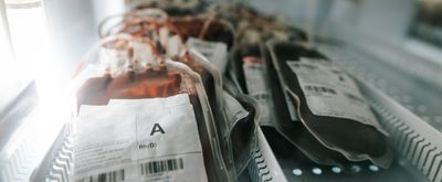Type A blood in bags stored in gray blood bank fridge.