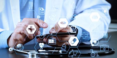 A person holds a smartphone and points at the screen while health and medicine-related vectors appear in the foreground