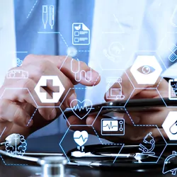 A person holds a smartphone and points at the screen while health and medicine-related vectors appear in the foreground