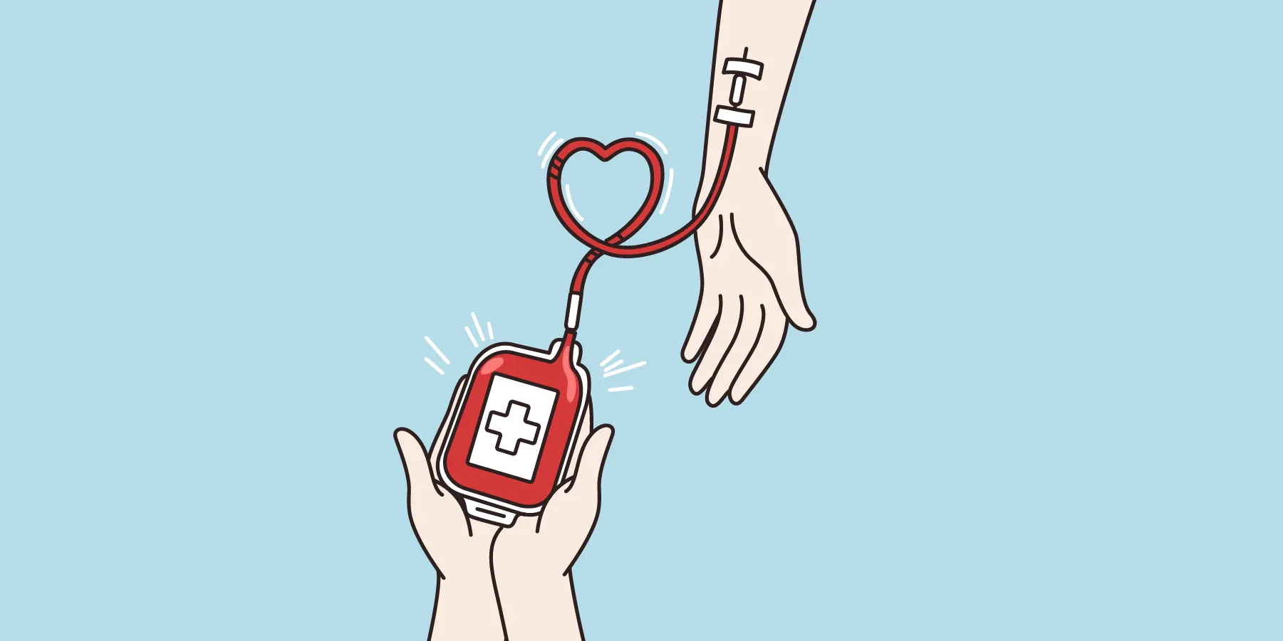 Vector of a person holding a bag of blood connected to a blood donor's arm.