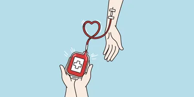 Vector of a person holding a bag of blood connected to a blood donor's arm.
