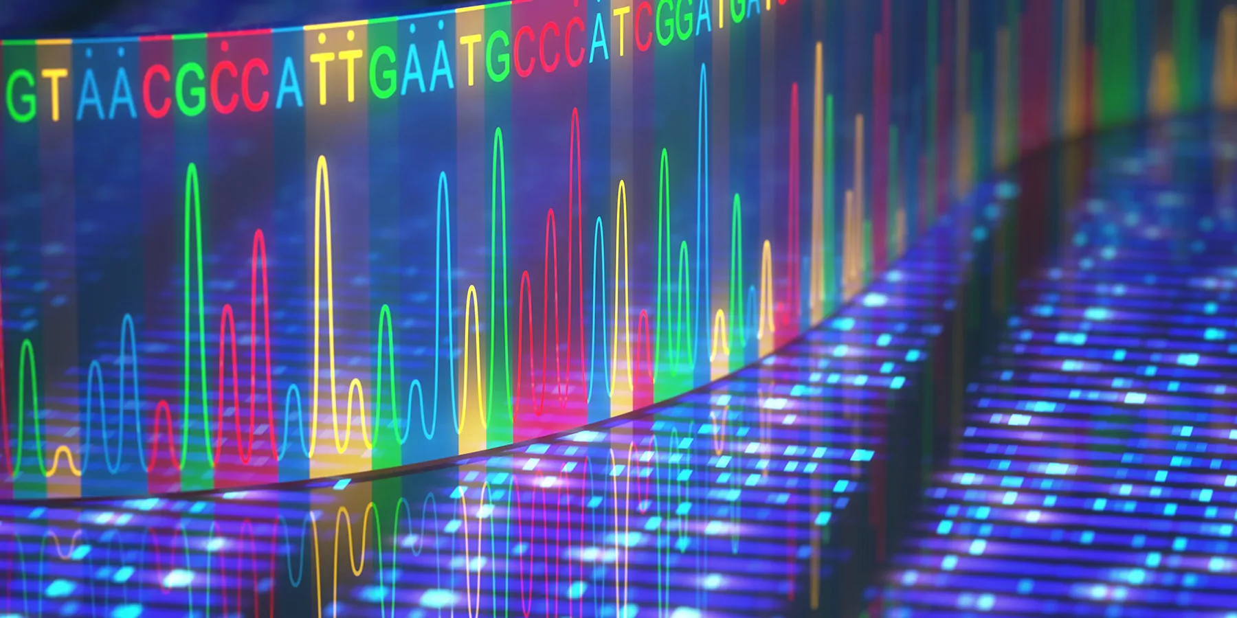 3D illustration of a method of DNA sequencing showing nucleotide bases and peaks