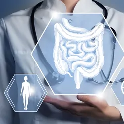 Female clinician holding graphic virtual visualization model of human intestine with multiple medical icons in the background.
