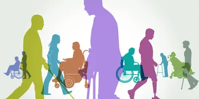 Illustration of a group of people representing a diverse range of disabilities in society.