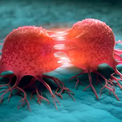 3D illustration of dividing cancer cells on a normal cell surface