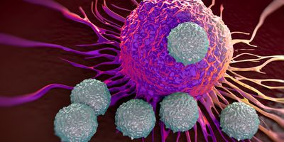 Illustration of T cells attacking cancer cell 