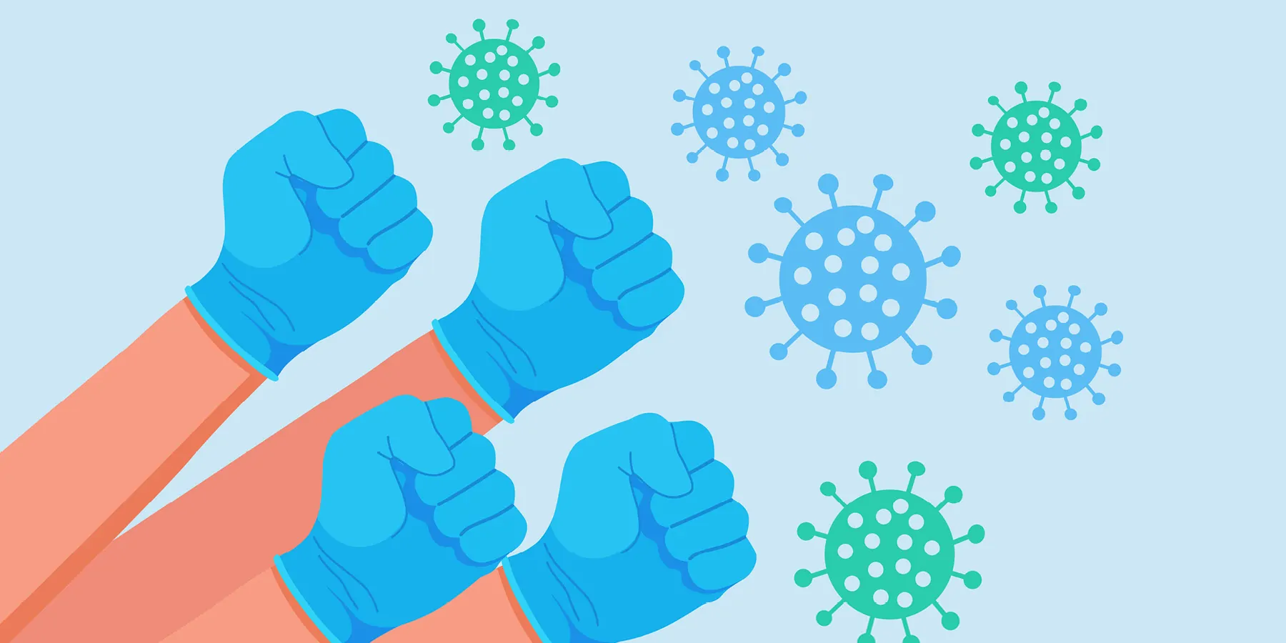Illustration of raised clenched fists human hands in blue protective medical gloves fighting virus particles