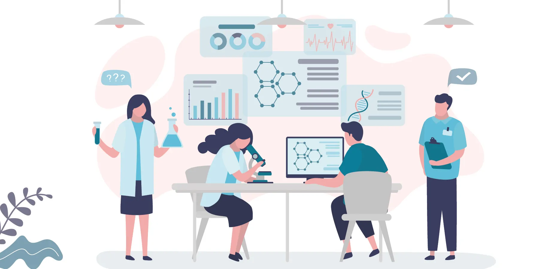 Infographic of male and female clinical lab personnel gathered around charts and scientific equipment, with one person viewing everything on his screen to demonstrate how the LIS can be used to link different aspects of the lab.