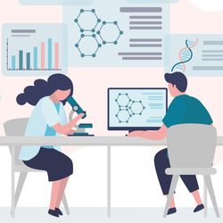 Infographic of male and female clinical lab personnel gathered around charts and scientific equipment, with one person viewing everything on his screen to demonstrate how the LIS can be used to link different aspects of the lab.
