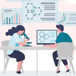 Infographic of male and female clinical lab personnel gathered around charts and scientific equipment, with one person viewing everything on his screen to demonstrate how the LIS can be used to link different aspects of the lab.