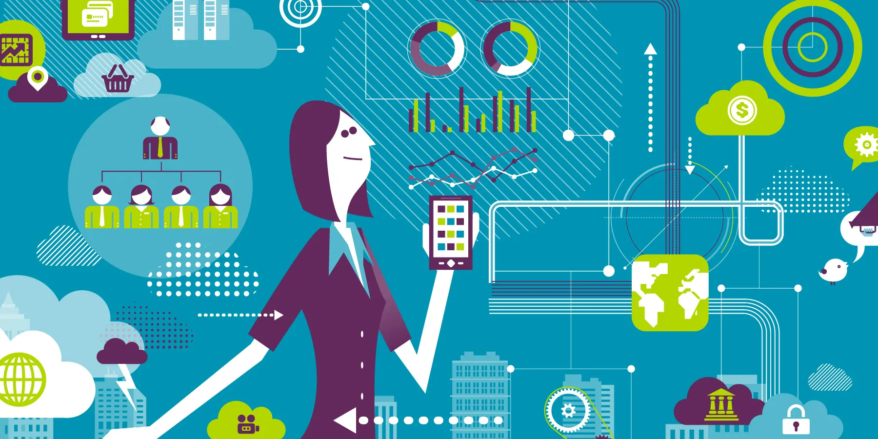 Illustration of a woman interacting with smart devices and screens to track people, data, and cash throughout the business, symbolizing the integrated L7 Informatics platform.