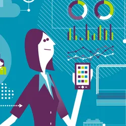 Illustration of a woman interacting with smart devices and screens to track people, data, and cash throughout the business, symbolizing the integrated L7 Informatics platform.