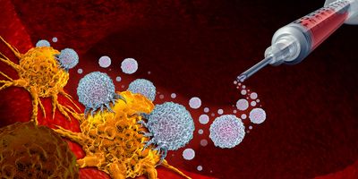 3D illustration of a syringe delivering healthy immune cells as part of immunotherapy for cancer treatment.