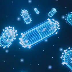 Abstract futuristic pills wireframe and capsule on glowing blue background