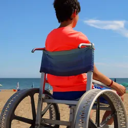 A boy in a wheelchair looks at the blue sea