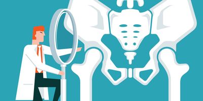 Vector illustration of a clinician using a magnifying lens to inspect the human skeletal system