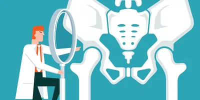 Vector illustration of a clinician using a magnifying lens to inspect the human skeletal system