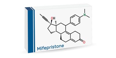 Skeletal chemical formula of mifepristone molecule which is a progestational, glucocorticoid hormone antagonist, and an emergency contraceptive agent.