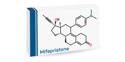 Skeletal chemical formula of mifepristone molecule which is a progestational, glucocorticoid hormone antagonist, and an emergency contraceptive agent.