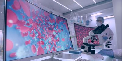 Futuristic laboratory equipment showing blood cells visualization on computer screens