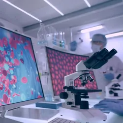 Futuristic laboratory equipment showing blood cells visualization on computer screens