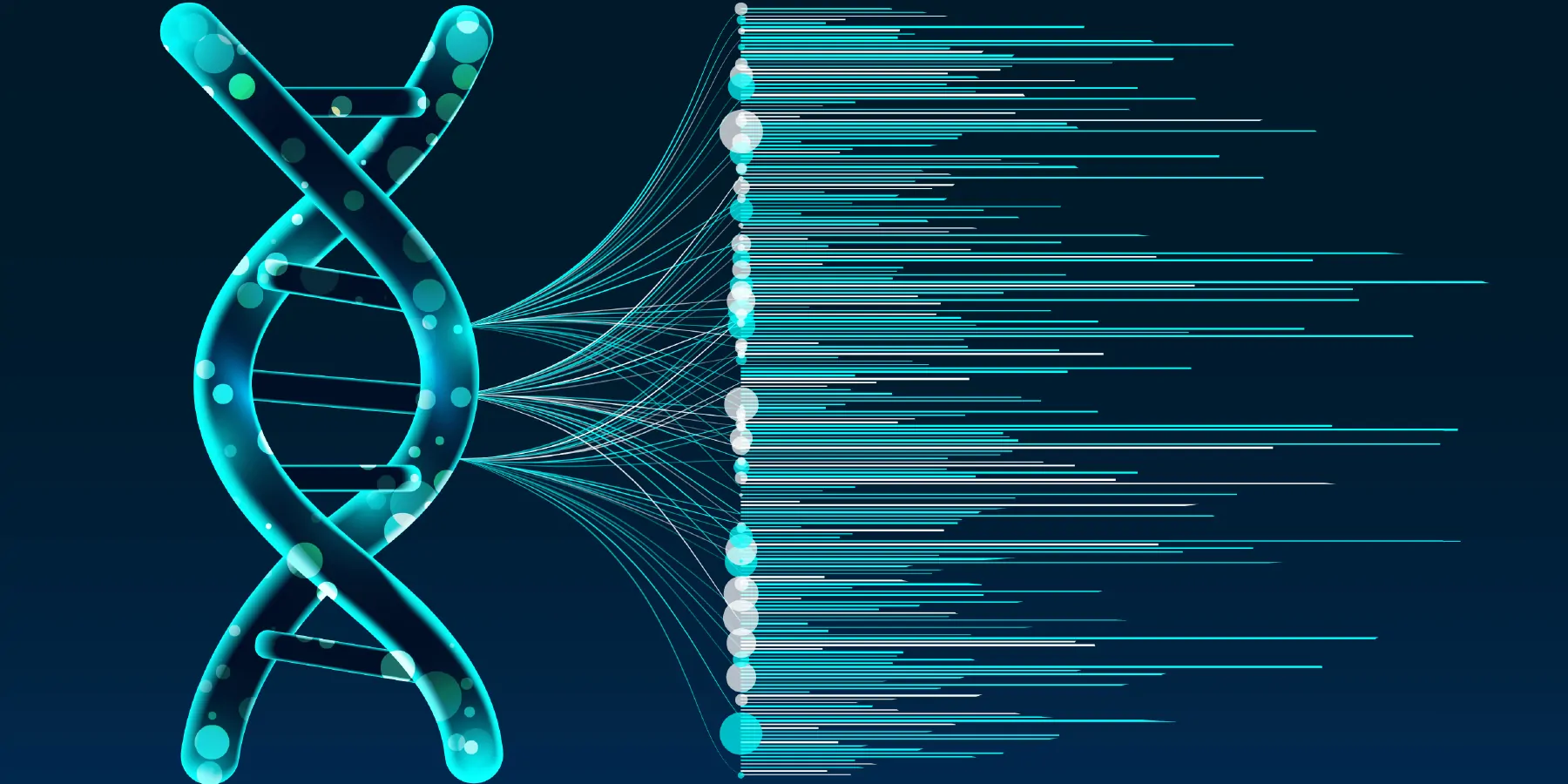 Big genomic data, genetic map from a double helix visualization against a black background.