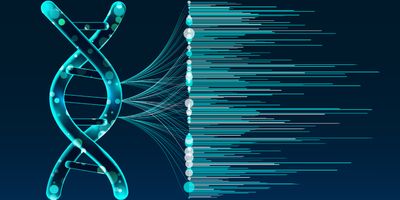 Big genomic data, genetic map from a double helix visualization against a black background.