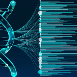 Big genomic data, genetic map from a double helix visualization against a black background.