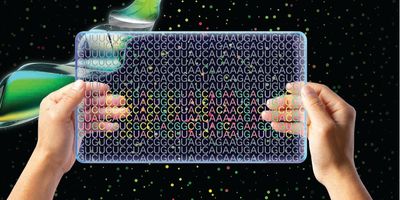 RNA code is reflected in the hands and monitor of the person holding the tablet.