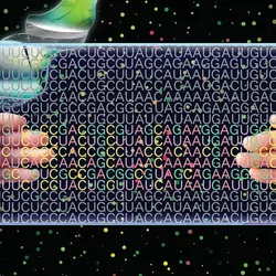 RNA code is reflected in the hands and monitor of the person holding the tablet.