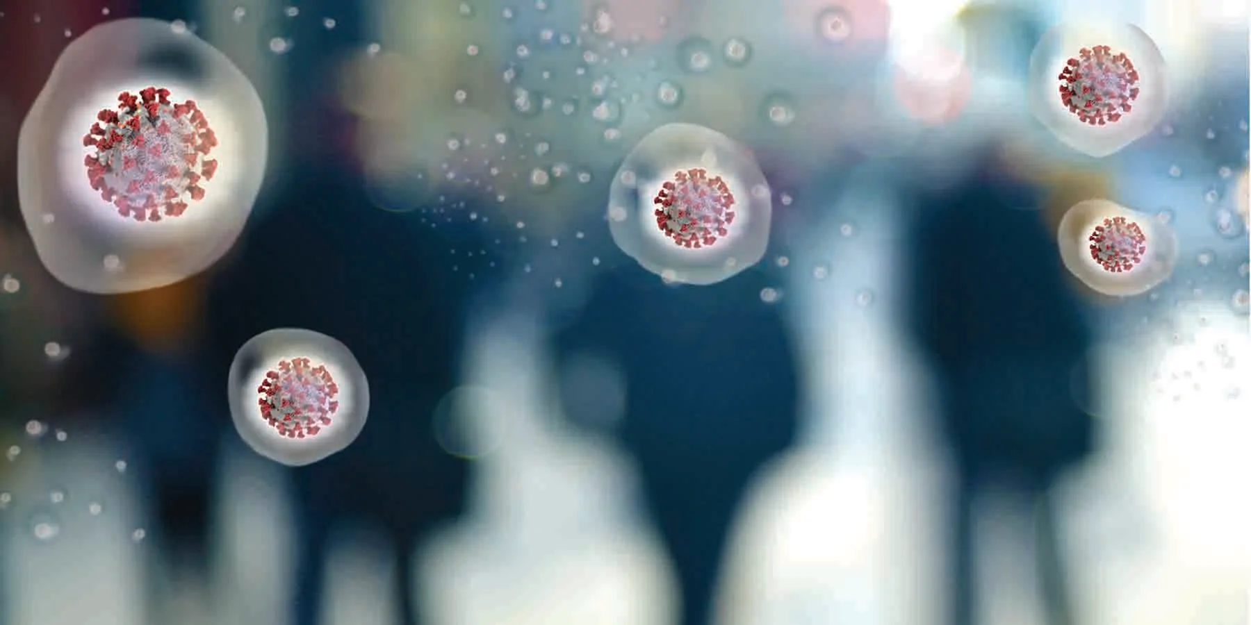 Infectious SARS-CoV-2 Found in Hospital Air Conceptual global crisis of COVID-19 virus particles amidst a crowd of people.