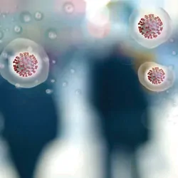 Conceptual global crisis of COVID-19 virus particles amidst a crowd of people.