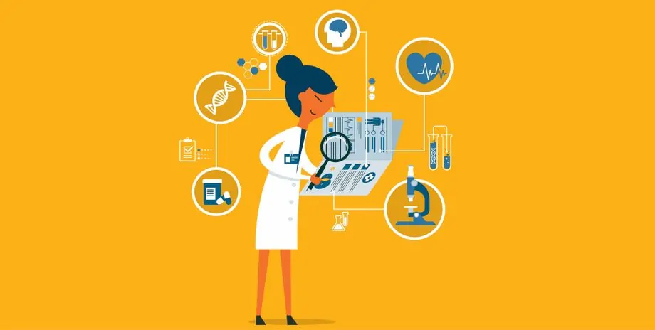 Illustration depicting a lab surveyor closely examining various aspects of a lab’s operation as part of a lab accreditation survey. 