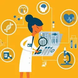 Illustration depicting a lab surveyor closely examining various aspects of a lab’s operation as part of a lab accreditation survey. 