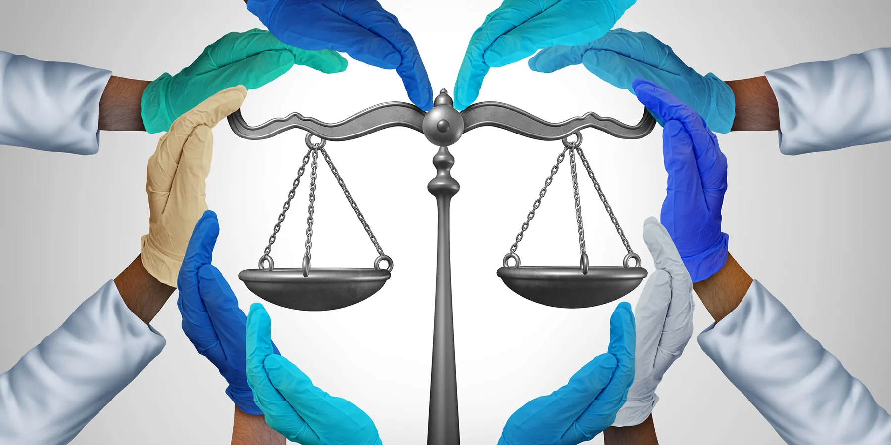 A group of hospital workers or doctor and nurse hands holding a justice scale as a health legislation symbol with 3D illustration elements.