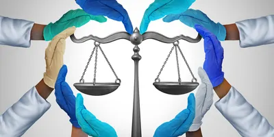 A group of hospital workers or doctor and nurse hands holding a justice scale as a health legislation symbol with 3D illustration elements.