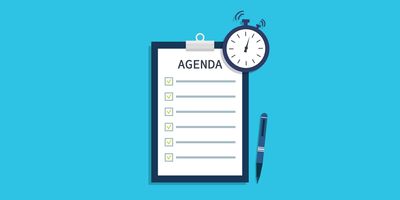 Illustration of a clinical lab meeting agenda on a bright blue background.