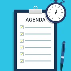 Illustration of a clinical lab meeting agenda on a bright blue background.