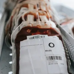 Photo of a bag of red blood cells in a blood bank ready for transfusion.