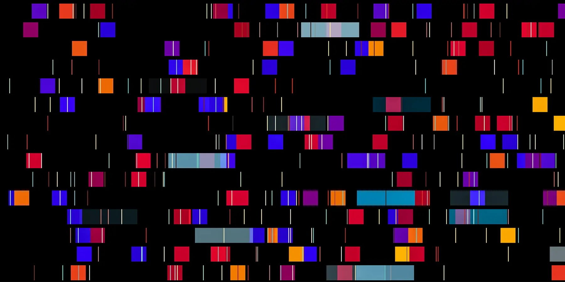 A result of genome sequence/DNA analysis, showed as colored blocks on a black background