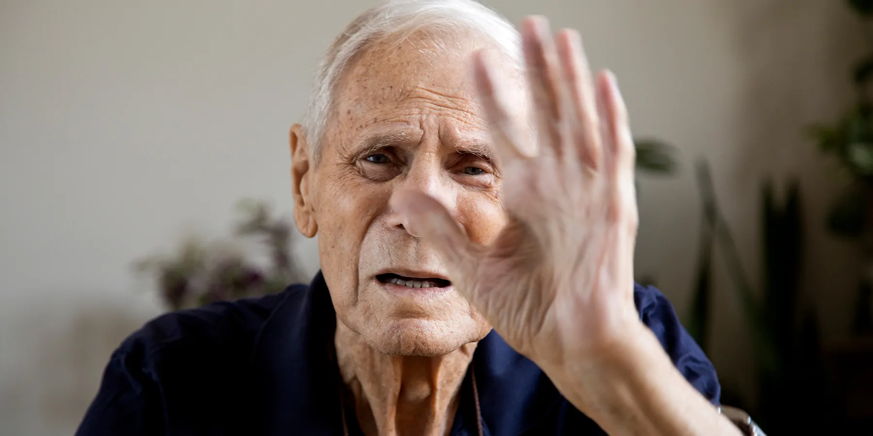 FDA Approves First Drug to Treat Dementia-Associated Agitation in AD Patients Senior man looking at camera saying stop no more.