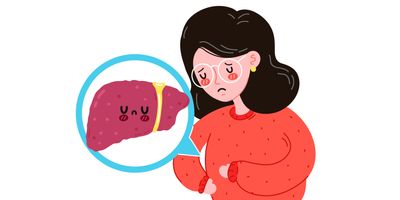 Illustration of a girl holding her abdomen in pain, with a speech bubble from her abdomen showing a sad (diseased) liver.  